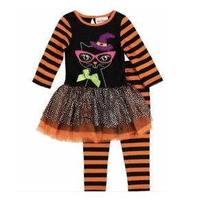 NEW Rare Editions Girls Cat Witch Halloween Set Leggings/ Dress Outfit Size 9M
